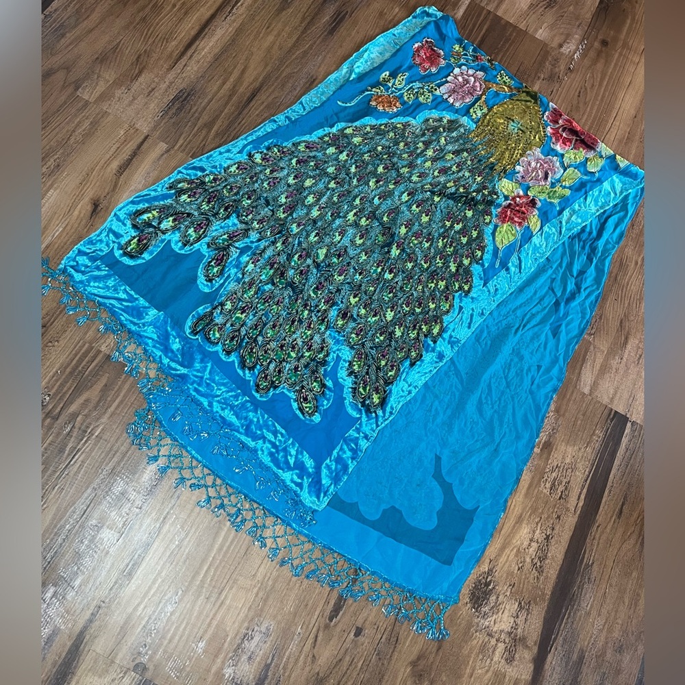 VTG Panne Silk Scarf Beaded Crushed Velvet Shawl Peacock Turquoise Floral Wrap - Picture 4 of 11